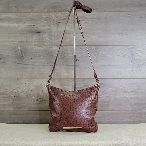 Brahmin Anywhere Pecan Ostrich Embossed Leather Crossbody Shoulder Bag Handbag